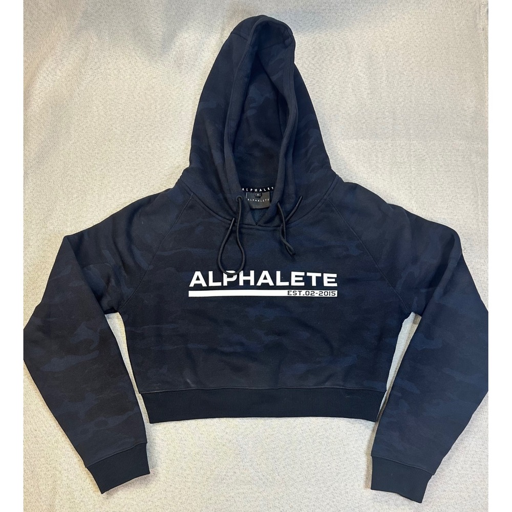 Alphalete Cropped Hoodie Womens Small Blue Camo Cotton Blend Athletic Gym